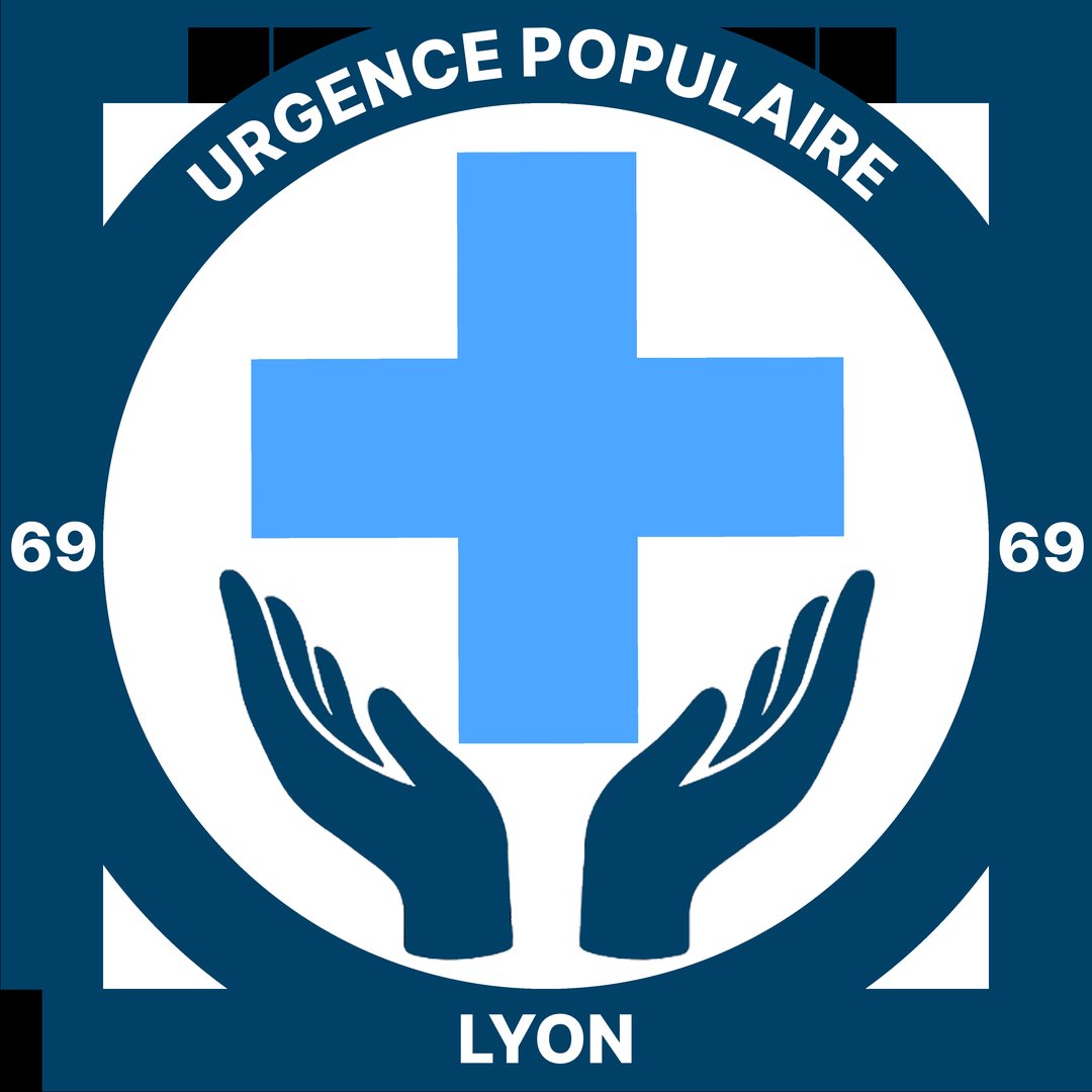 Logo d'urgence populaire: Un cercle bleu fonce entoure une croix bleu plus claire avec deux mains ouvertes dessous.